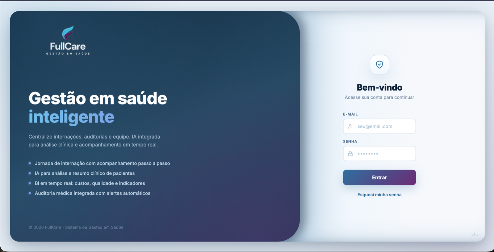Tela de login FullCare com chamada de gestão em saúde inteligente